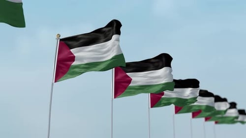 Waving Palestinian Flags in Clear Sky Loop Animation