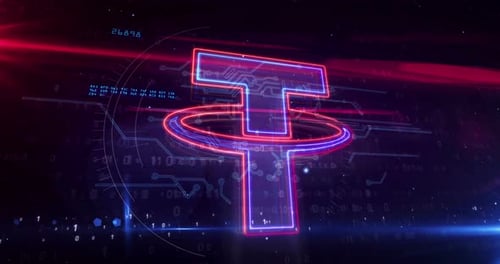 Neon Tether Cryptocurrency Symbol with Digital Technology Background Animation
