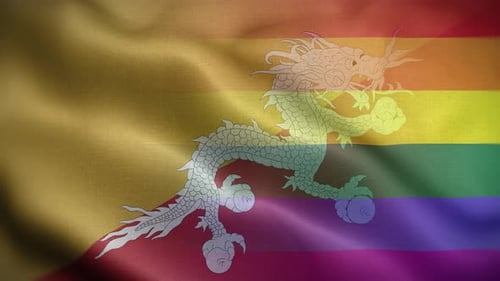 Realistic Waving Bhutan Flag with Pride Rainbow Overlay