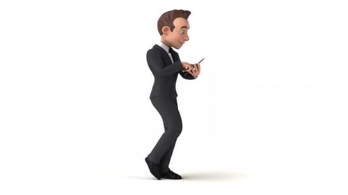 3D Cartoon Businessman Walking and Using Smartphone