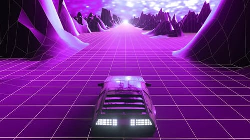 Futuristic Synthwave Car Driving Through Cyberpunk Grid Landscape