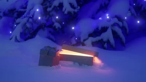Christmas Gifts Glowing Under Snowy Tree