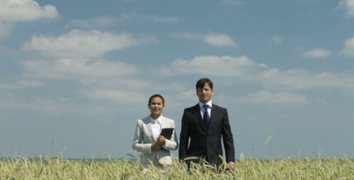 Business Professionals Walking Across Golden Wheat Field