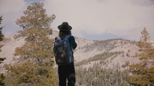 Une belle jeune touriste avec sac à dos prend des photos d'incroyables roches blanches à Yosemite National
