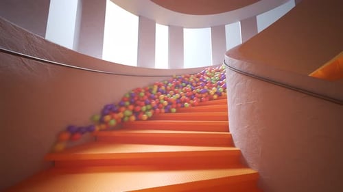 Colorful Balls Cascading Down Modern Spiral Staircase Animation
