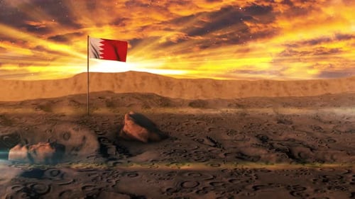 Bahrain Flag Waving on Cosmic Planet Surface at Dramatic Sunset