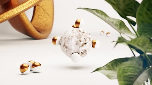 Balls rolling on sphere near plant. 3d animation loop