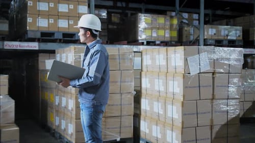 Ingenieurpersonal, männlicher Lagerarbeiter mit Schutzhelm, der durch das Lager des Logistikzentrums geht