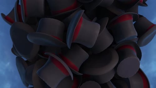 Fluid 3D Top Hats Rotating Against a Dynamic Sky Background