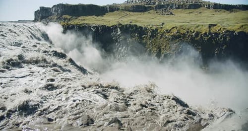Powerful Dettifoss Waterfalk Riging River Water Running Over the Cliff Edge Iceland Europe