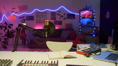 Desk with Recording Equipment in Audio Studio