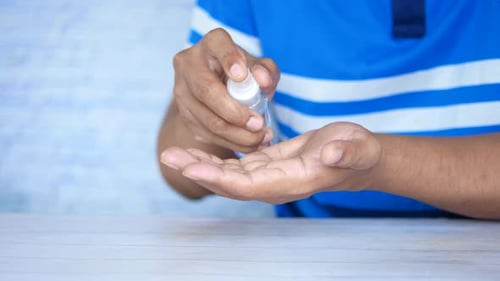 Close Up of Young Man Hand Using Hand Sanitizer Spray