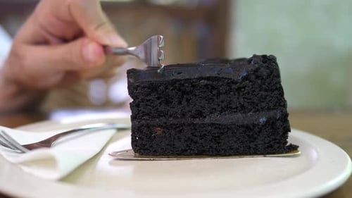 Chocolate Cake Slice Being Eaten with Fork