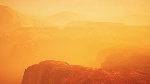 Red Hazy Martian Landscape Flyover