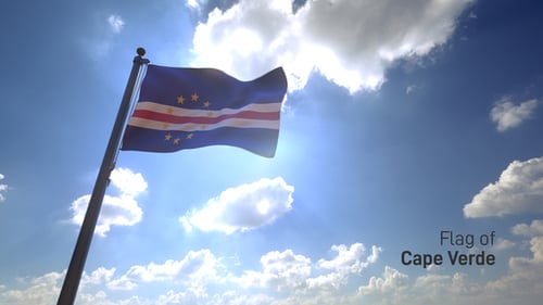 Cape Verde Flag Waving with Bright Sun Flare in Blue Sky