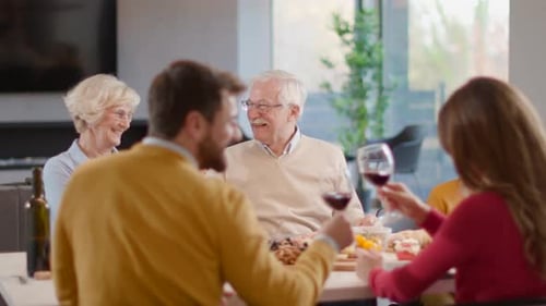 Family and Friends Toast Wine at Dinner Table