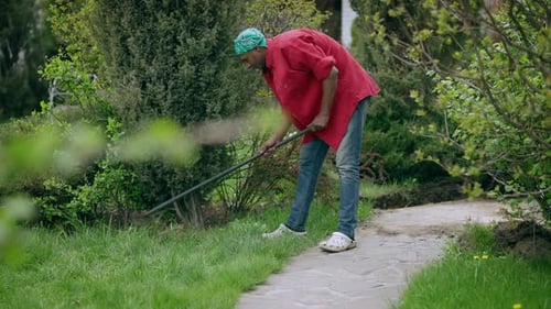 Wide Shot of Confident Young African American Man with Rake Cleaning Garden Outdoors