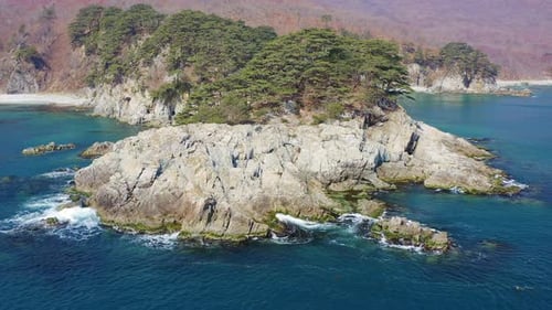 Rocky Island Washed By Waves Covered with Coniferous Trees in a Sea Bay