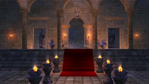 Ancient Stone Hall with Red Carpet and Torches Background Loop
