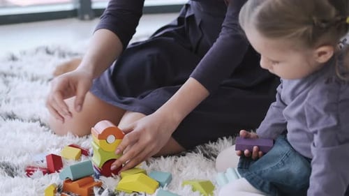 Child Plays with Wooden Blocks with Adult