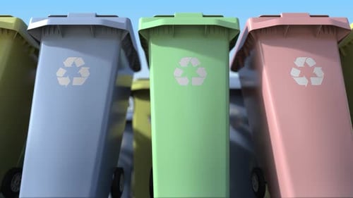 Animated Row of Multi-Colored Recycling Bins