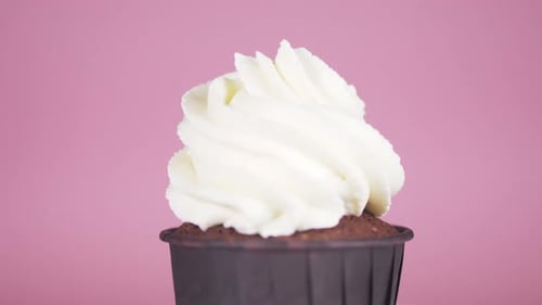 Chocolate Cupcake with White Frosting on Pink Background
