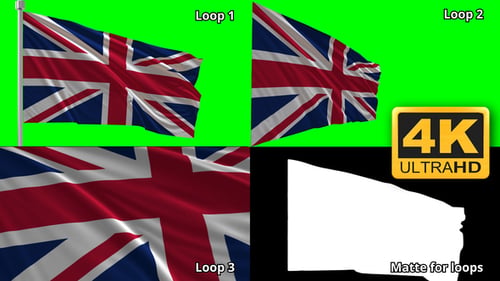 Realistic Union Jack Flag Waving on Green Screen with Matte