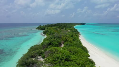 Daytime birds eye island view of a summer white paradise sand beach and blue sea background in best
