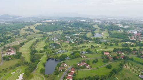 Aerial view of Golf Course Club and hotel resort. Green natural garden park