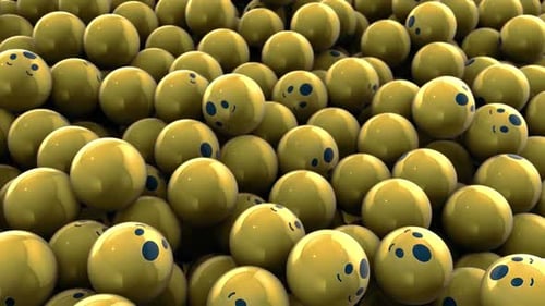 Animated Yellow Spheres with Emoji Faces in Fluid Motion Background