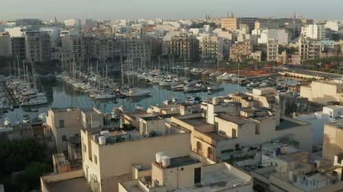 Small Town on Malta Island View on Harbour with Yachts and Sailboats