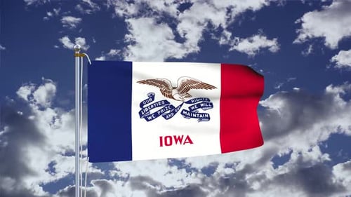 Waving Iowa State Flag Against a Blue Sky with Clouds