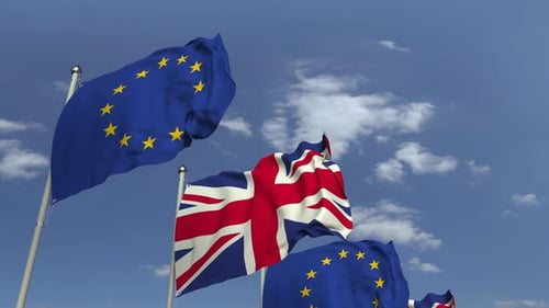 United Kingdom and European Union Flags Waving
