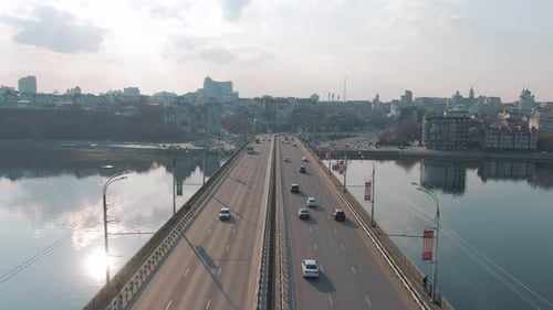 Aerial View of Traffic of Cars on the Bridge in a Populated City
