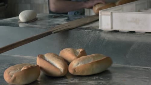 Nahaufnahme eines Bäckers, der Brot aus dem Ofen nimmt