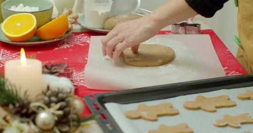 Flat Lay. Step By Step. Rolling Out Gingerbread Cookie Dough To Bake Christmas Cookies.