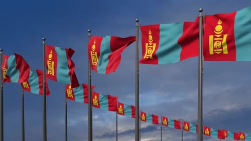 Waving Mongolian Flags Against Blue Sky