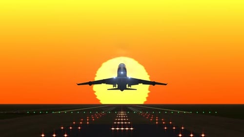 Avión que sale de la pista del aeropuerto contra el atardecer o el amanecer