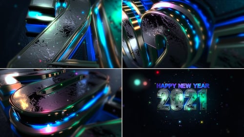 Happy New Year 2021 3D Metallic Title with Neon Lights