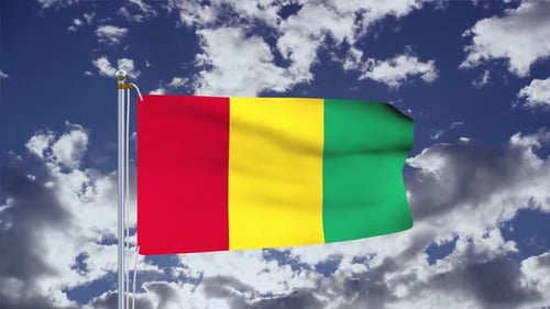 Guinea National Flag Waving in Blue Sky