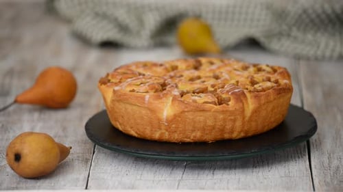 Appetizing Pear Cake on Wooden Table