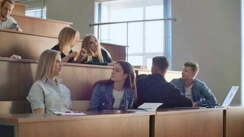 Students Chatting in a College Lecture Hall