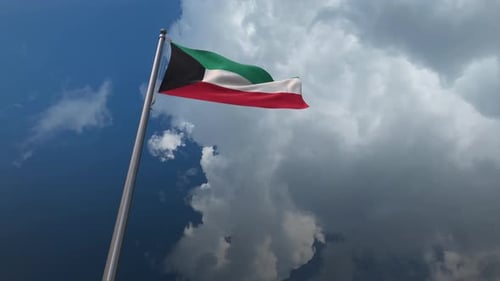 Kuwait National Flag Waving with Dramatic Cloudy Sky