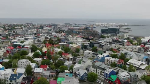 Drone flying over Reykjavik city, the capital of Iceland