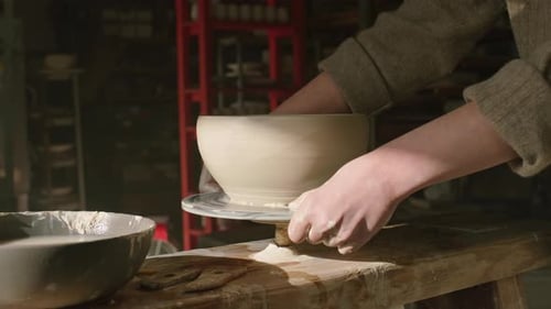 Raw Clay Pot Is Being Cut Down With String Tool By Master