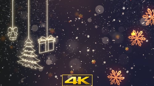 Animated Glowing Christmas Decorations with Falling Snowflakes Background