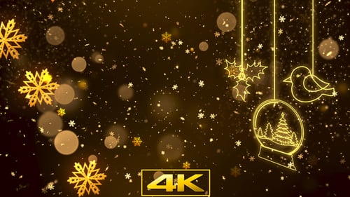 Golden Christmas Background with Falling Snowflakes and Festive Ornaments