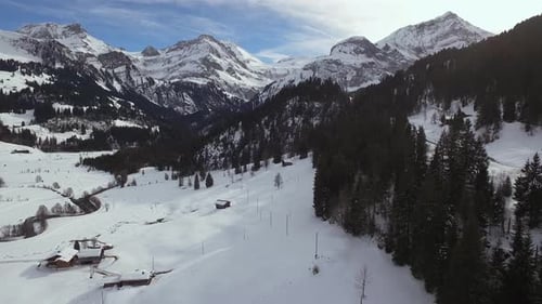 Aerial of a valley covered in snow