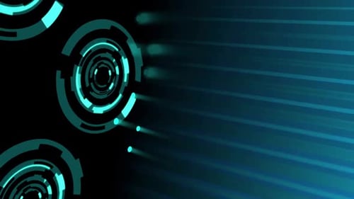 Futuristic Rotating HUD Elements with Glowing Light Beams Background