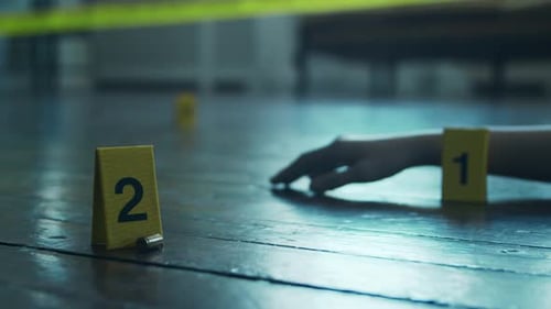 Crime Scene with Evidence Markers and Victim